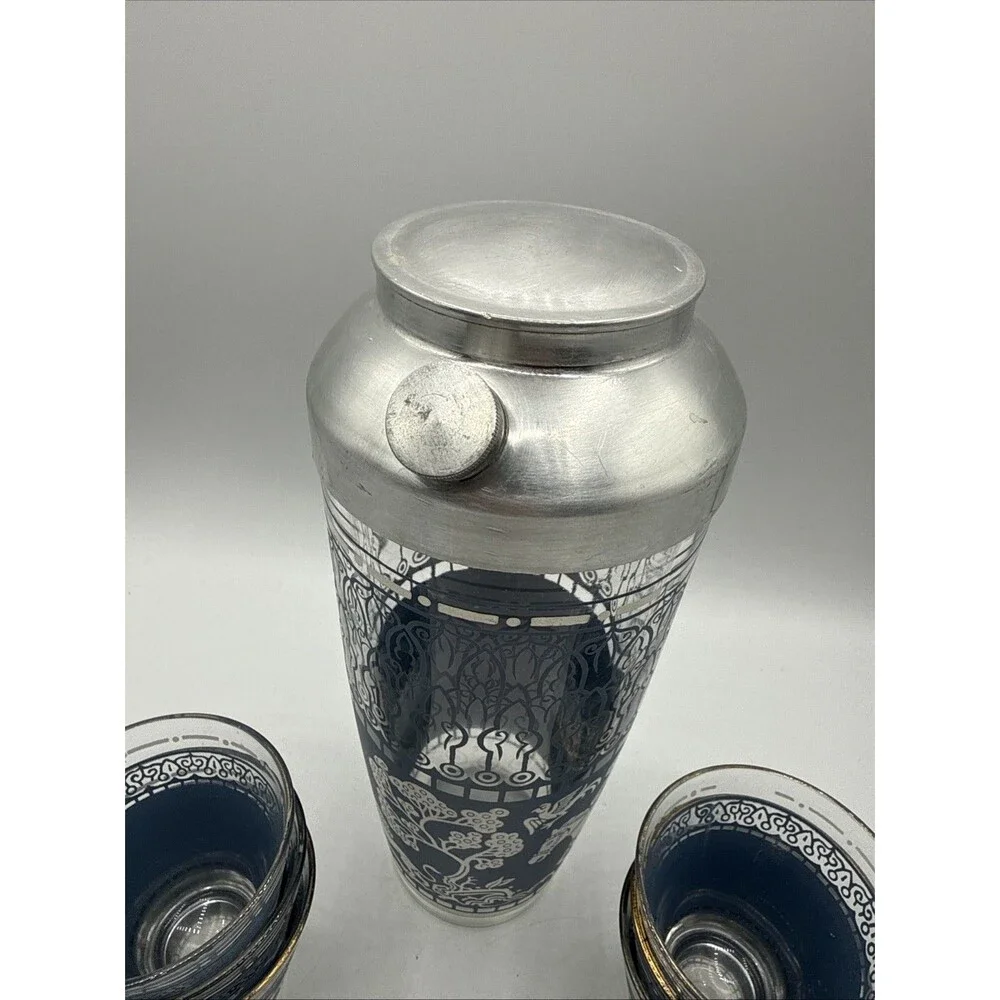 Vintage Hazel Atlas Arabian Knights Cocktail Shaker & 6 Glasses Blue Barware